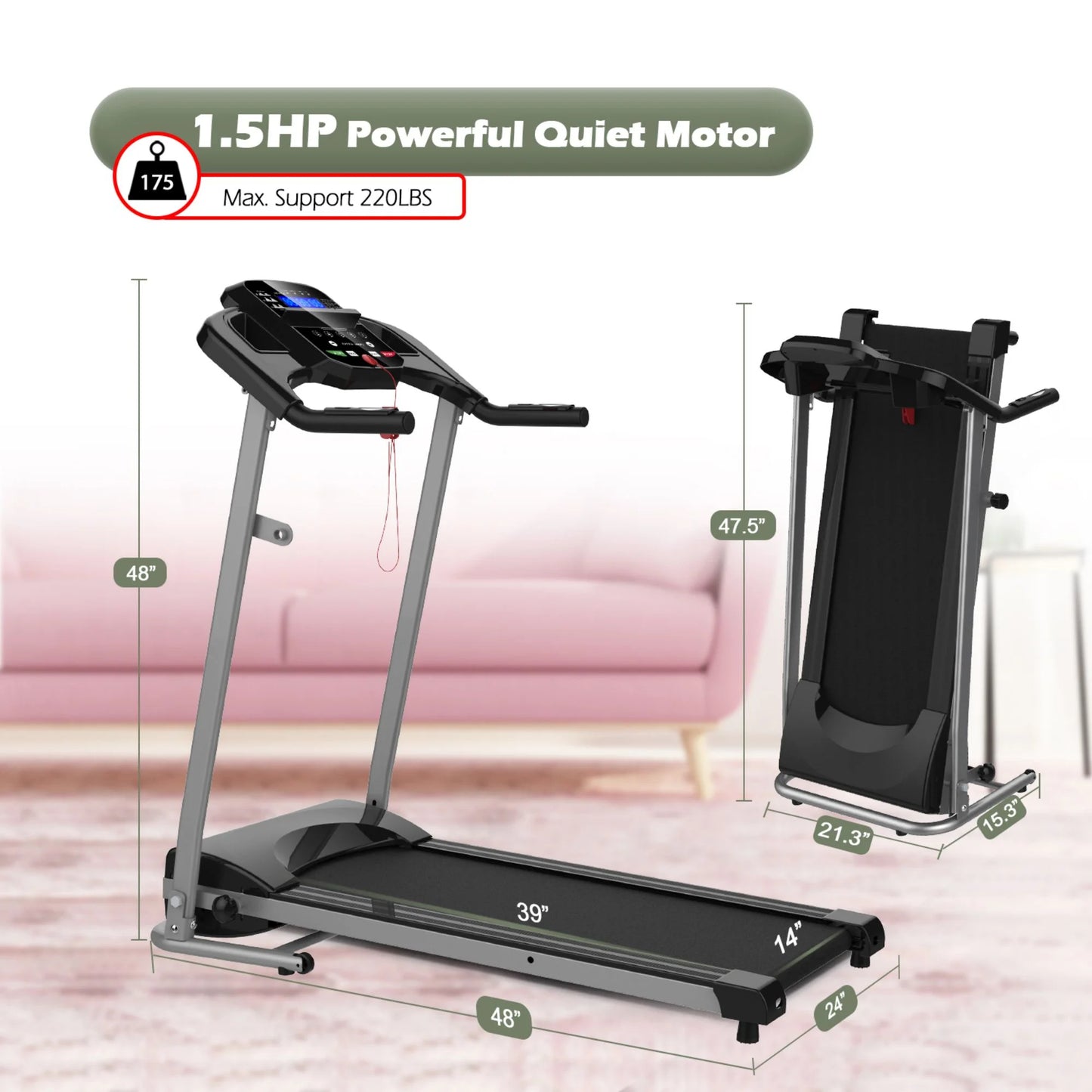 Folding Treadmill,Portable Electric Treadmil 1.5HP with 220Lb Capacity,Treadmill for Home - Black