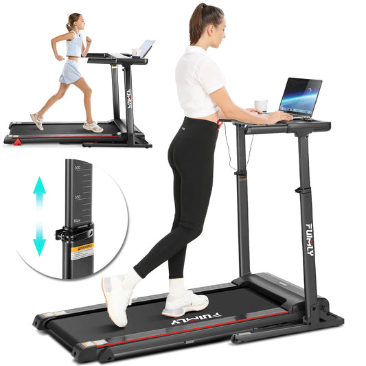 33-50" Adjustable Height Treadmill with Desk, 300 LBS Weight Capacity, Folding Treadmill with Incline, Bluetooth Speaker & App, 64 Training Program Exercise Treadmills for Home Office